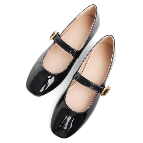 Image of TN TANGNEST Leather Flats for Women Retro Mary Jane Flats | Comfortable Square Toe Slip On Flats with Buckle Strap, Soft Work Flats Office Shoes