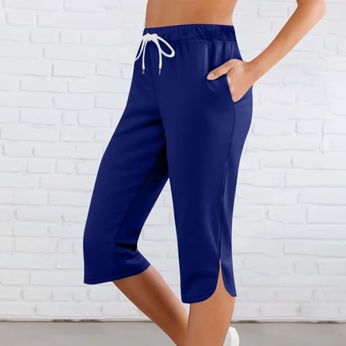Capri Pants for Women Summer Casual Elastic Waist Drawstring Split Hem Stretchy Yoga Leggings Cparis with Pockets2