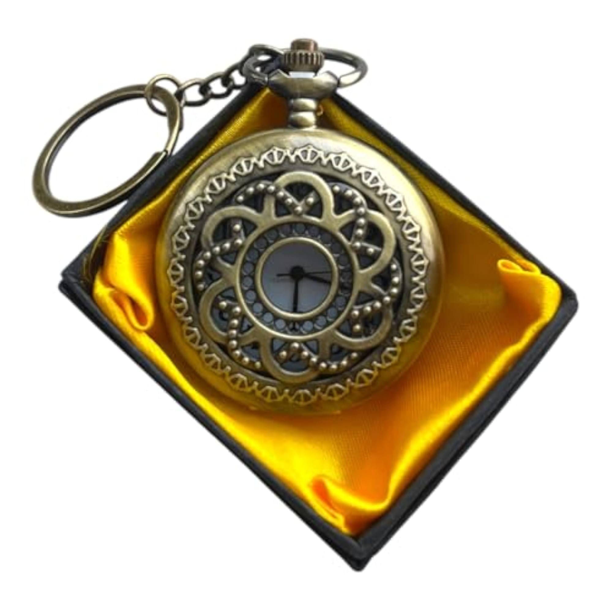 Flower Shaped Pocket Watch with Keychain and Box