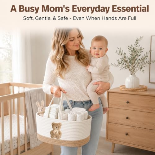 Image of Baby Diaper Caddy Organizer, Teddy Bear Cotton Rope Nursery Basket