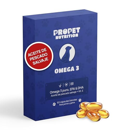 Omega 3 Perros y Gatos. 100% Aceite de Pescado Puro + Vitamina E. 60 Cápsulas Blandas. Pelaje Brillante y Articulaciones Fuertes. EPA y DHA. Sistema Inmune Resistente. Fabricado en Europa