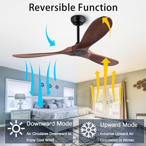 Image of QUTWOB 52 inch Wood Ceiling Fan No Light, Reversible DC Motor, Remote Control | solid wood blades, quiet 6-speed reversible dc inverter motor, remote control, no light, for indoor outdoor patio living room