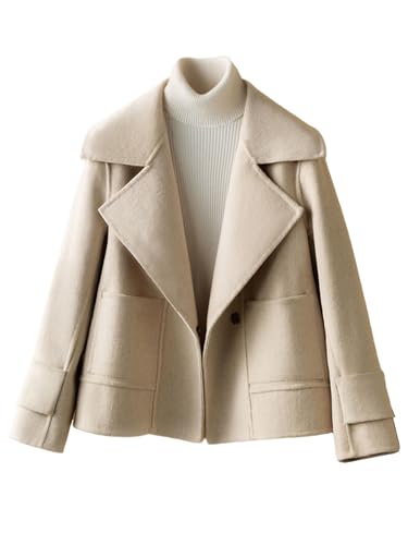 Image of utcoco Womens Short Wool Pea Coat Notched Lapel Cropped Woolen Trench Coat with Pockets (Large, Apricot)