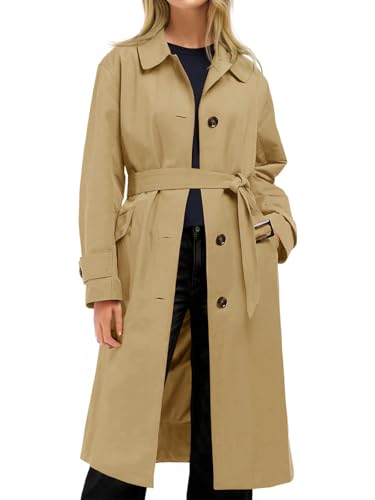 Tankaneo Womens Trench Coats Single Breasted Long Windproof Overcoat with Pockets and Belt