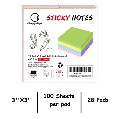 Sticky Notes 3X3 Inches Bulk 28 Pack 2800 Sheets Colored Self-Stick Pads, 100 Sheets/Pad, 4 Bright Colors (Yellow, Green, Pink, Blue) For Office Supplies, School, Home #TOP1