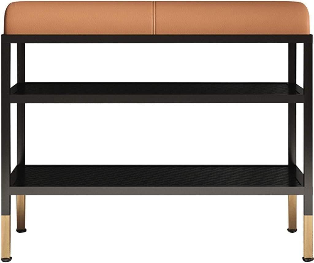 KLGFBDC Nordic Shoe Bench with Wrought Iron Frame - Double-Layer Storage Stool & Cushioned Entryway Shoe Rack - Stylish Brown End of Bed Organizer for Home Decor