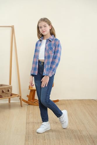 Betusline Girls' Flannel Plaid Shirt Button Down Long Sleeved Shirts4