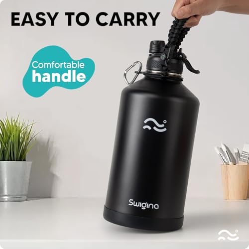 Image of Swigina 1 Gallon Insulated Water Bottle with Silicone Boot (48hrs Cold /24hrs Hot) - DIY Stickers, Leakproof, BPA Free, 128 oz [2-IN-1 LID]