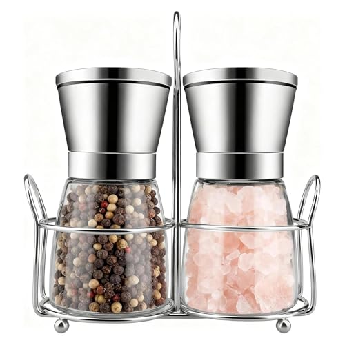Atliberswo Zestaw 2 młynków do przypraw z uchwytem – 180 ml młynek do soli i pieprzu w szkle i stali nierdzewnej z ceramicznym młynem, regulowany, przybory kuchenne do ziół i przypraw
