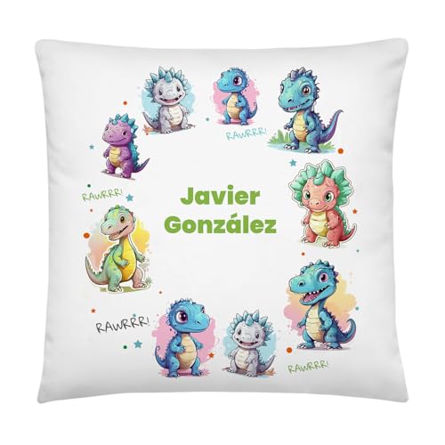 Kembilove Cojin Infantil Personalizado con Nombre - Almohada niños 2 años - Cojin Infantil guarderia - Regalos Infantiles para el Cole - Almohada 40X40 cm - Pequeños Dinosaurios