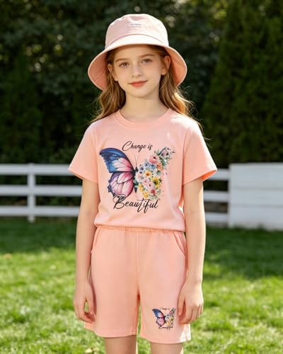 Image of 7-14Y Tween Girl Clothes 2 Piece Short Sleeve Tie Dye Heart Print Top and Shorts Teen Girl Summer Outfits Short Set
