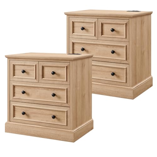 Image of ACCOHOHO 26 inch W Nightstands Set of 2, Farmhouse End Table with 4 Drawers for Storage, Nightstand with Charging Station for Bedroom, Natural Oak
