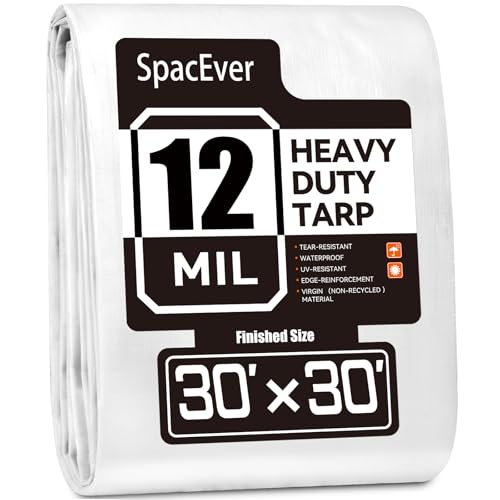 Tarp Heavy Duty 30x30 FT 12 Mil Thick Large Tarps Water-Proof with Grommets UV& Tear Resistant Plastic Cover for Pool Roof Tent Outdoor Firewood White