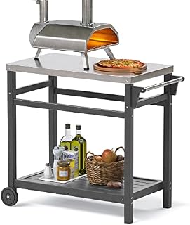 TORVA Movable Pizza Oven Trolley, Outdoor Food Prep Dining Table Cart with Stainless Steel Metal Top, BBQ Grill Stand for Kitchen Patio Backyard Garden (Gray)