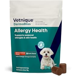 Vetnique Dermabliss Dog Allergy Chews for Itch Relief, Skin & Coat 30ct | Anti-Itch Soft Chews With Omega 3, Quercetin, Salmon Oil & Probiotic for Seasonal Allergies, Hot Spots, Immune & Gut Support