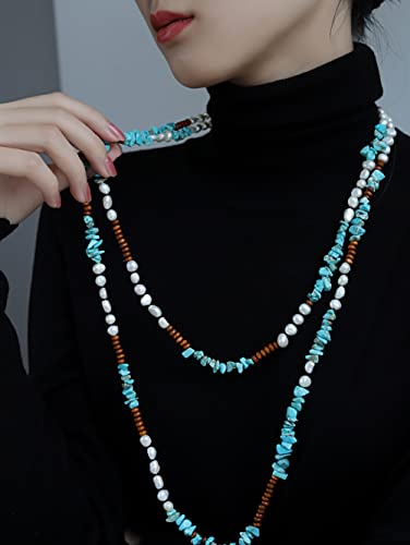 Cowlyn Turquoise Necklace Pearl Wood Beads Layered Long Strand Bohemia Handmade Lariat Chain 43" For Women Men Girls Gift #TOP1