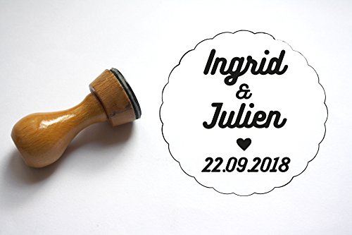 Atelier Mumu Tampon Mariage Personnalisable, Tampon Rond personnalisé, Motif Coeur, diamètre 3 cm, Fabrication sur Mesure en France