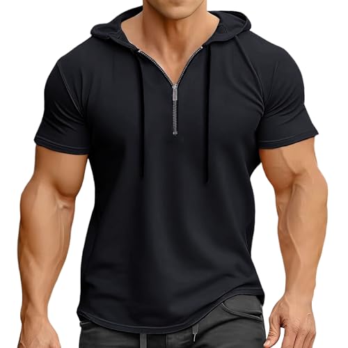T-shirt décontracté respirant pour homme avec capuche et col zippé manches courtes