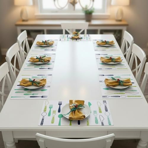 Image of YELONA Rectangular PVC Vinyl Non-Slip Insulation Heat-Resistant & Waterproof Stain Resistant Washable Placemat for Dining & Kitchen Table-(White & Green,Set of 8)