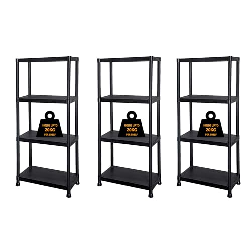 Crystals Plastic Shelving Unit 3/4/5 Tier Pack of 1/2/3 | Durable Heavy-Duty Storage Shelves for Garage, Workshop, Shed, Office | Adjustable Plastic Racking (3, 4 Tier Racking Shelve)