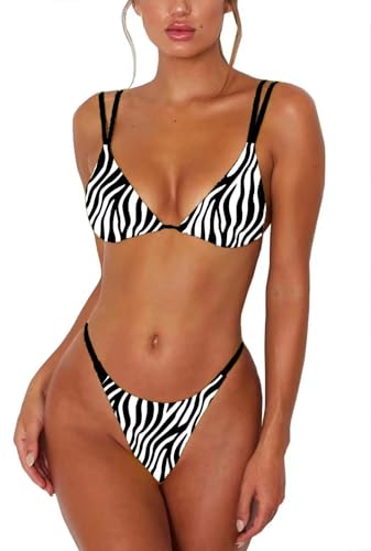 Women Basic Two Piece Bikini Sets Sexy Swimwear Halter String Triangle Mid Waist Thong Swimsuit Zebra Print M