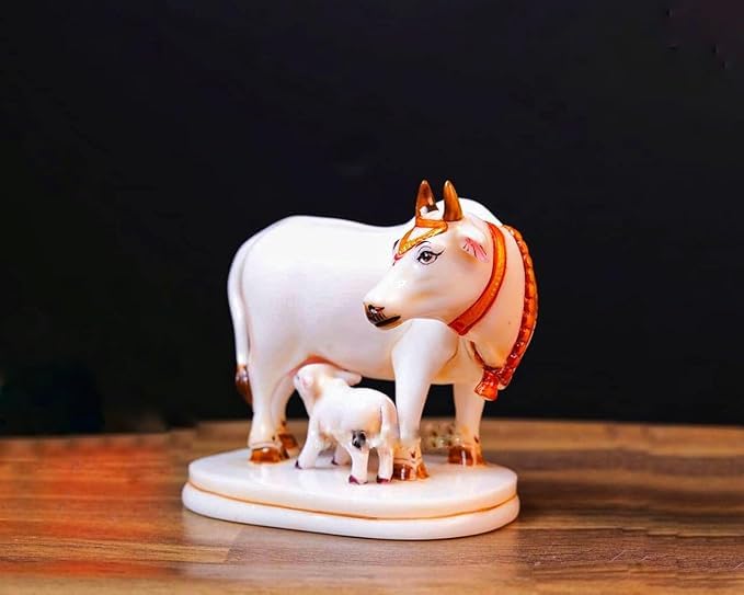 Image of Cow & Calf Statue (Kamdhenu Idol) in Marble Dust - Gold & White 9 cm Decorative Showpiece for Home Decor, Pooja Room, Vastu Gift, Housewarming & Wedding Gift