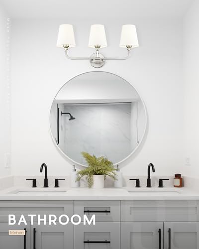 Image of Bathroom Light Fixtures, Brushed Nickel Vanity Lights with Flared White Fabric Shade, 3 Light Wall Sconce, Modern Sconces Wall Lighting for Hallway Bedroom, VL837-BN-3