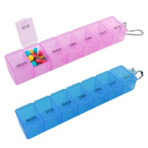 2 Pieces Pill Box Organiser Pill Dispenser Box, 7 Day Pill Box Organiser One Time a Day, Weekly Pill Box Pill Organiser for Medication, Supplements, Vitamins, Cod Liver Oil (Pink Blue)
