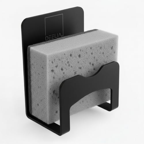DEELIA® Schwammhalter Küche | Spezielles Klebepad für einen festen Halt ohne Bohren | Spülschwamm Halterung und Spülbecken Organizer (Schwarz)