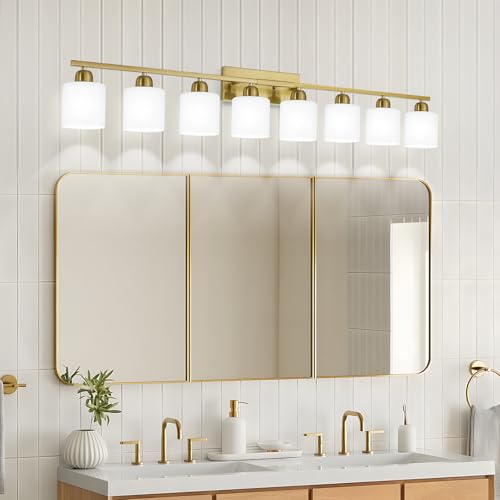 Image of 8 Light Bathroom Light Fixtures Gold for Big Mirror, Brushed Gold Vanity Lights for Bathroom with Milky White Frosted Glass Shades, 51 inch Wall Sconce for Mirrors Living Room Bedroom