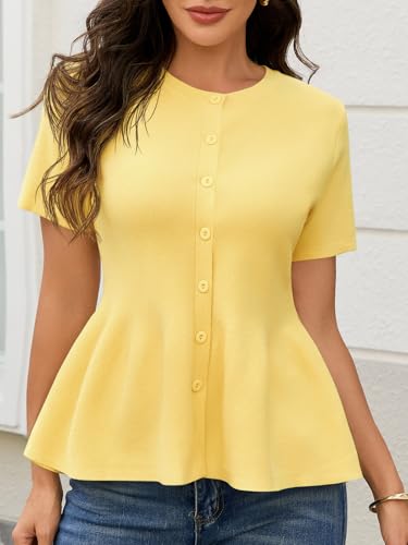 Image of Saodimallsu Womens Short Sleeve Cardigans Ruffle Button Down Crew Neck Peplum Babydoll Knit Sweater Tops