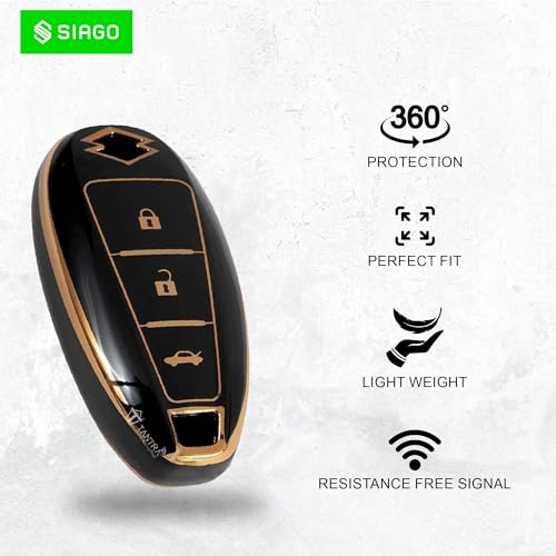 Image of SIAGO TPU Key Cover Compatible with Maruti Suzuki Baleno, Vitara Breeza, S Cross, Ciaz, Swift, Ignis, 3 Button Smart Key Cover (Black Pack of 1)