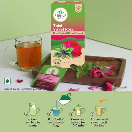 Image of A TATA Product - Organic India Tulsi Sweet Rose - 25 Tea Bags, Stress Relieving, Supports Radiant Skin, Rich in Antioxidants, Made with Tulsi, Chamomile, and Rose Certified Organic