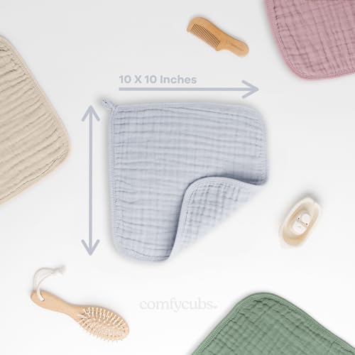 image for Comfy Cubs Muslin Baby Washcloths 6 Pack - Soft 6-Layer Cotton Wash Cl