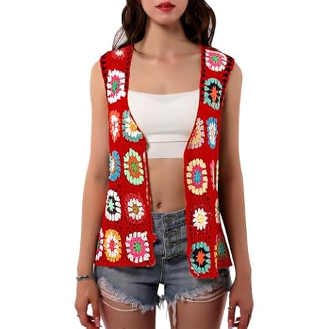 Crochet African Flower Granny Square Crochet Vest, Color Block Sweater, Knitted Multicolor Open Front Cardigan (Red, one Size) Cover