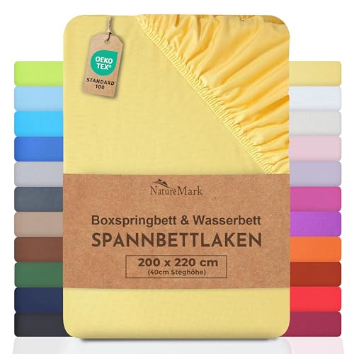 NatureMark Basic Boxspringbett & Wasserbett Spannbettlaken 200 x 220 cm - 40 cm Steghöhe - 200x220cm Spannbetttuch - 100% Baumwolle, Gelb