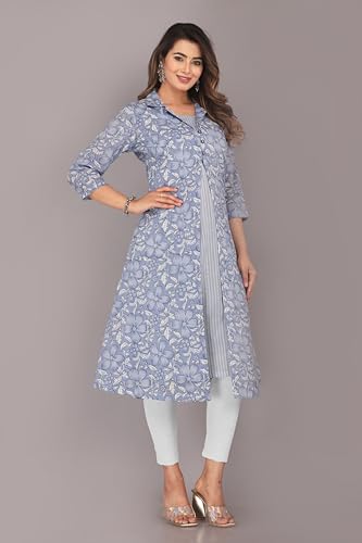 Image of KANNAHI Women Pure Cotton Printed Straight Calf Length Regular Jaipuri Kurta and Shrug Set with Floral Print for Womens & Girls Grey