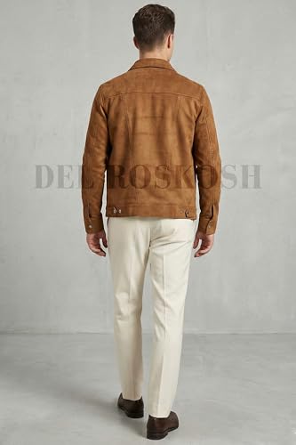 Image of Men's Faux Suede Leather Jacket with Fur Lining, Snap Button Closure, Brown, Lightweight with Chest and Side Pockets