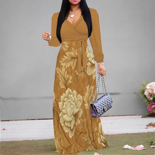 Image of Women's Plus Size Maxi Dresses Long Sleeves V Neck Floral Print Bohemian Swing Long Dress with Belt