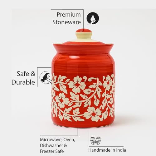 Image of Ceramic Handmade Kitchen Jars in 1000ml (set of 2) | Handpainted Floral Bale 1 kg Achar Martban | Jadi for Kitchen Storage containers (Set of 2) | Jars for Achar, Spices, Salt (Full Red Floral Bale)