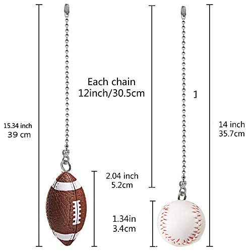 Image of Ceiling Fan Chain Pulls Decorative Extension 12 Inches Baseball and Football Extender Ornaments Pendant Fan Pulls Set for Ceiling Light Lamp Fan Chain (Nickel)
