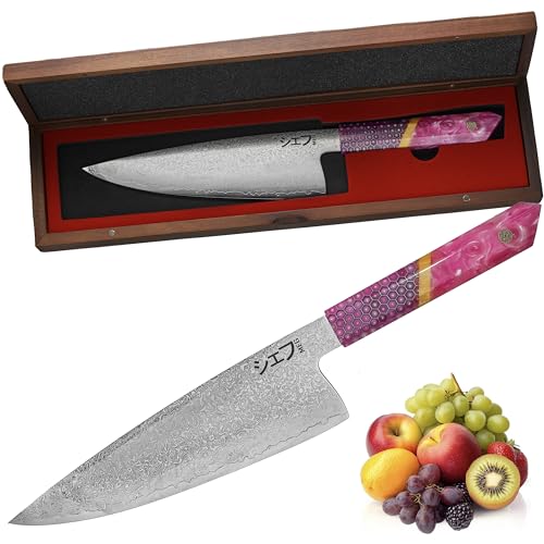 Meg Cuchillo De Chef En Acero De Damasco 67 Capas Presentado En Caja De Madera Acacia. Forja En Acero De Alto Carbono 20,5 Cm Filo, Mango Hexágono De Resina, Uso Profesional Y Resultado De Alta Cocina Meg Cuchillo De Chef En Acero De Damasco 67 Capas Presentado En Caja De Madera Acacia. Forja En Acero De Alto Carbono 20,5 Cm Filo, Mango Hexágono De Resina, Uso Profesional Y Resultado De Alta Cocina