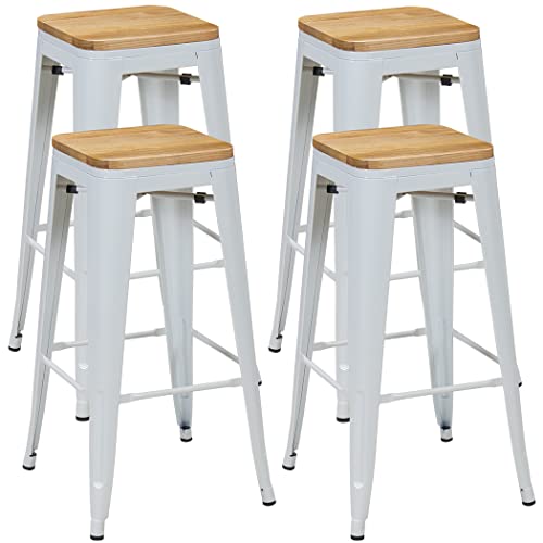 DUHOME Tabouret de Bar en Métal Lot de 4, 76cm Tabouret Haut Empilable Tabouret de Comptoir Industrielle pour Bar Bistro Cuisine, Blanc + Bois Clair