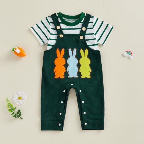Image of Bay Boy Easter Outfit Newborn Striped Bodysuit Bunny Carrot Overalls Pants Set Infnat Cute Spring Summer Clothes