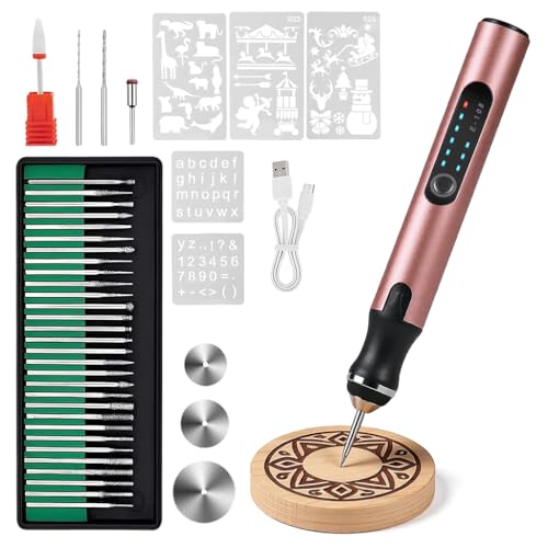 Image of Serplex Electric Engraving Pen with 37 Bits 4.2V USB Rechargeable Cordless Engraving Machine with 3-Speed 5000-18000 RPM Portable DIY Rotary Engraver for Jewelry Wood Glass Stone Crafts-Rose