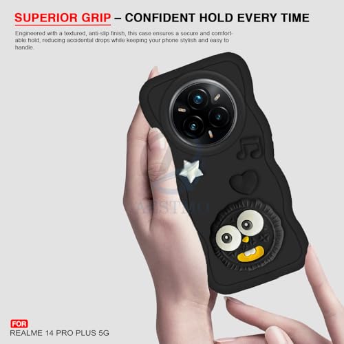 Image of AESTMO Back Case Cover for Realme 14 Pro Plus 5G | 3D Cute Fun Cartoon Characters | Anti Slip Grip Cute Wave Curly Frame Shape | Back Cover for Realme 14 Pro Plus 5G | (Black)