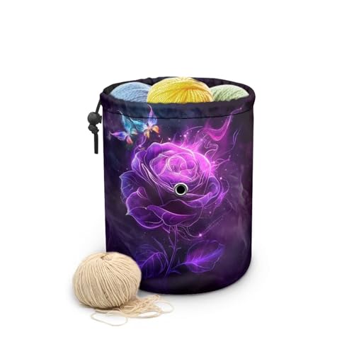 Image of Sellikakes Yarn Bag with Drawstring, Purple Rose Small Crochet Storage Organizer Knitting Bag Yarn Skein Organizer Chrochet Yarn Holder Knitting Accessories Sewing Supplies
