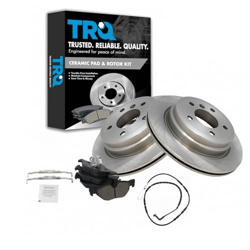 Image of TRQ Rear Brake Pad and Rotor Set Semi Metallic Vented Rotors Wear Sensor | For 2007-2013 BMW 328i 2009-2013 328i xDrive 2007-2008 328xi