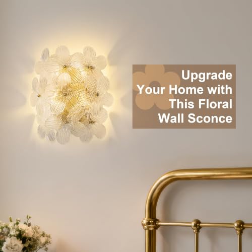 Image of TOCHIC Gold Wall Sconces Set of Two, 4-Light Flower Glass Wall Lights | Dimmable Floral Wall Lamp, Wall Mounted Light, Farmhouse Bathroom Vanity Lights, for Bedroom, Living Room, Staircase, Hallway