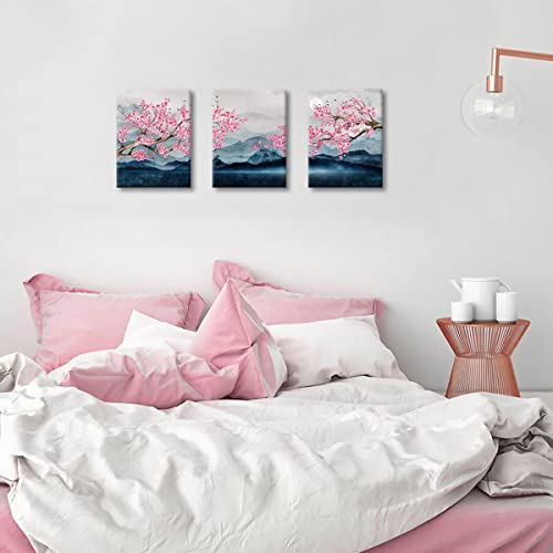 Japanese Wall Art Cherry Blossom Tree Pictures For Wall Decorations Pink Wall Decor Floral Wall Pictures For Bathroom Canvas Art For Bedroom Framed 12X16Inchx3Pcs #TOP6